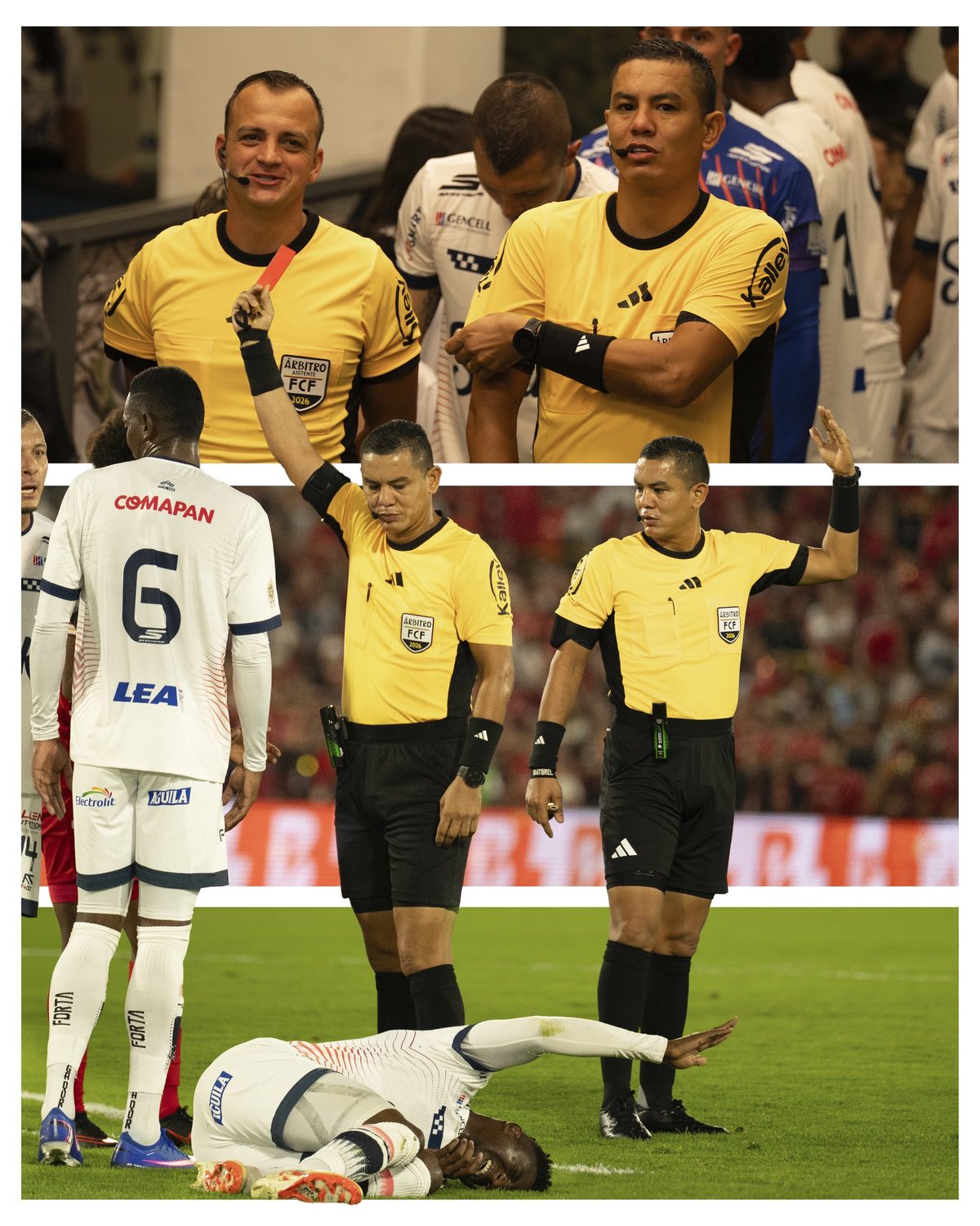 Árbitros de la FCF mostrando tarjeta roja durante un partido de fútbol profesional
